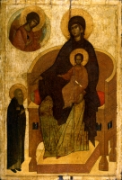 Богоматерь с Младенцем на троне, с преподобным Сергием Радонежским и архангелом Михаилом