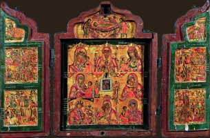 Складень кузов с нагрудной иконой Богоматери Одигитрии, восемью образами Богоматери и праздниками