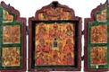 Portable folding box with a small medallion icon of the Theotokos Hodegetria, eight images of the Theotokos with the festivals